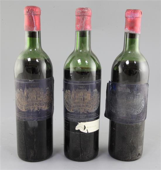 Three bottles of Chateau Palmer, Margaux, 1961.